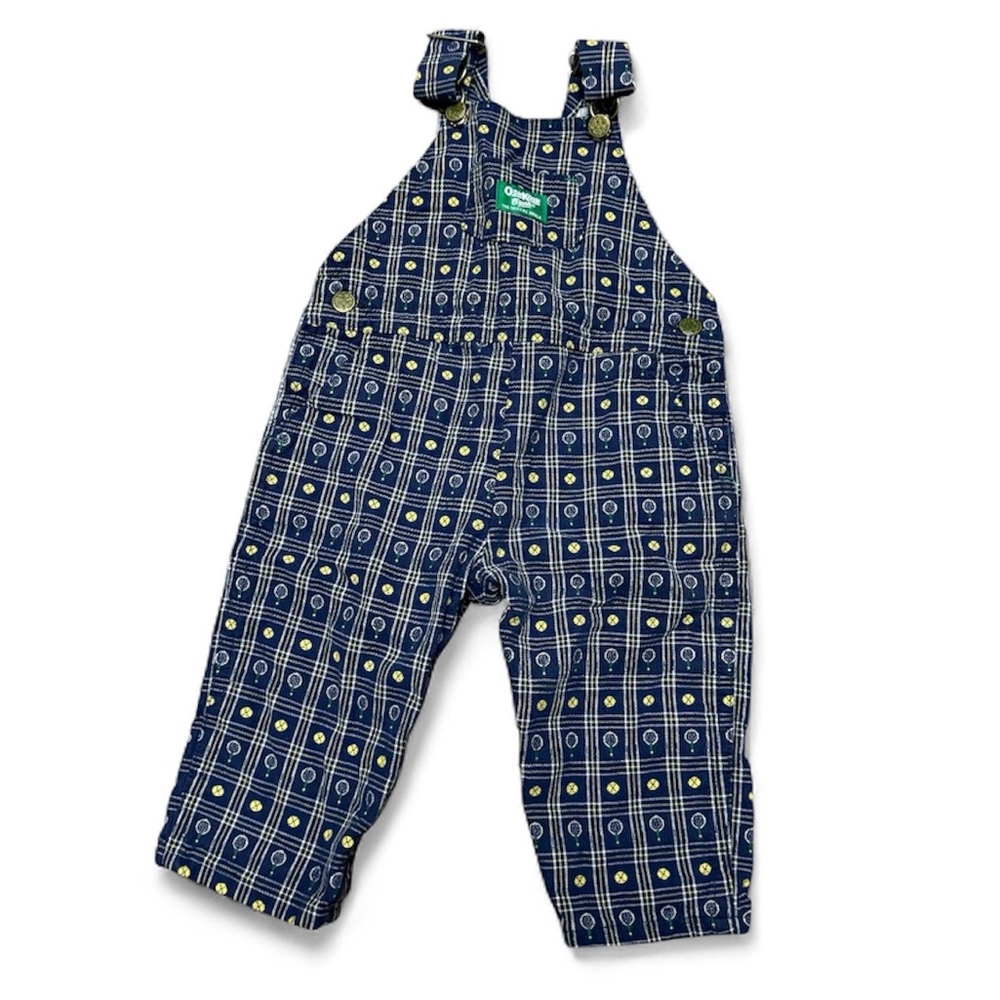 OSHKOSH B’GOSH Vintage navy blue plaid print Tennis themed overalls